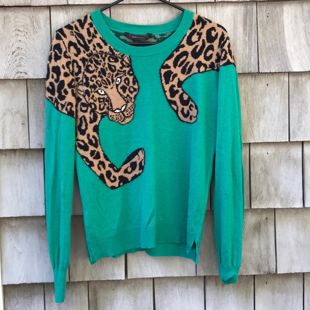 BCBGMaxAzria Cashmere Emerald Green Sweater with Leopard Design